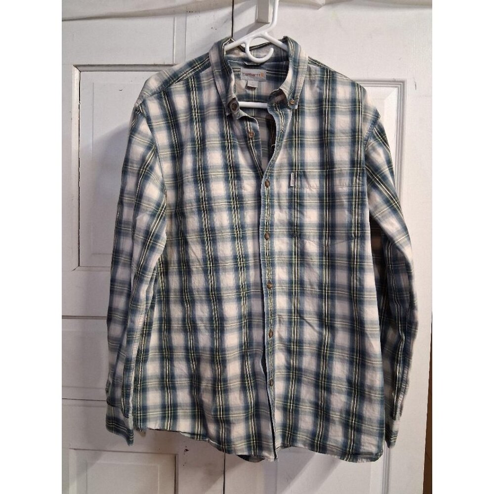 Carhartt Mens Plaid Button-Up Shirt L Regular Green Blue & White 100% Cotton Lon